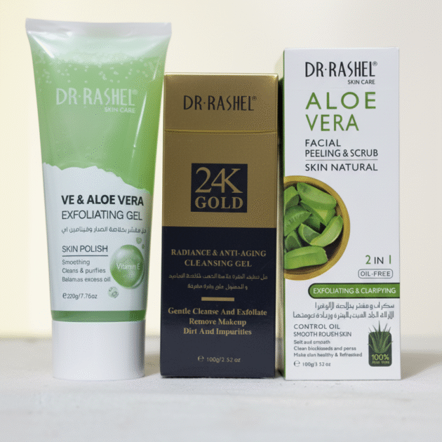 DR. RASHEL: مجموعة الذهب والصبار الثلاثية لتجديد البشرة