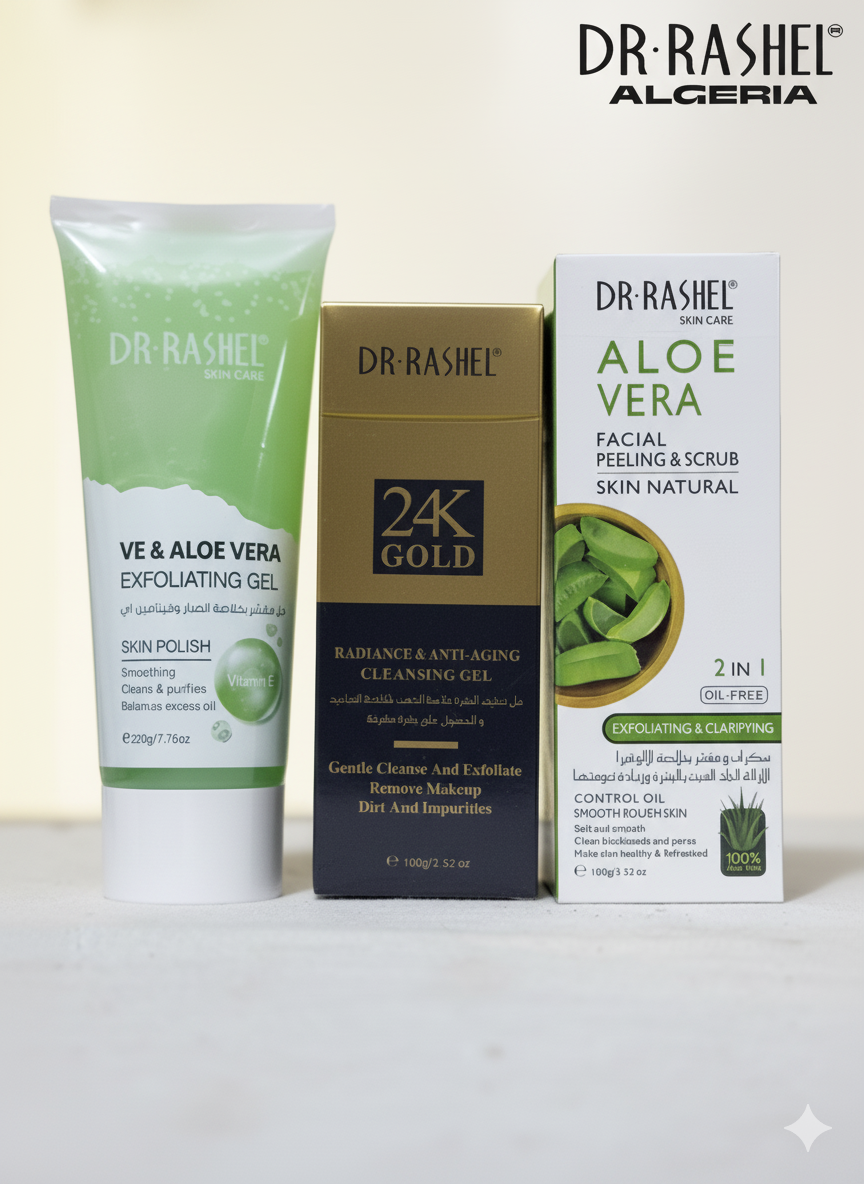 DR. RASHEL: مجموعة الذهب والصبار الثلاثية لتجديد البشرة